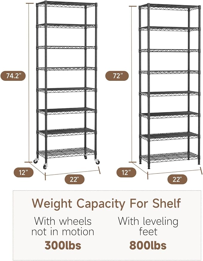 Golpart 8 Tier Shelves Storage Shelf Wire Closet Bathroom Organizers Metal Pantry Kitchen Garage Shelving Unit Laundry Room Organization Home Rack Net Basket Black with Wheels 12”D X 22”W X 74.2”H - Image 3