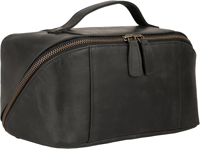 KomalC Luxury Leather Men’s Toiletry Travel Bag – Handmade Shaving Kit with Waterproof Interior, Spacious Storage & Carry Handle – leather travel Kit Bag for Men & Women (Black) by KomalC