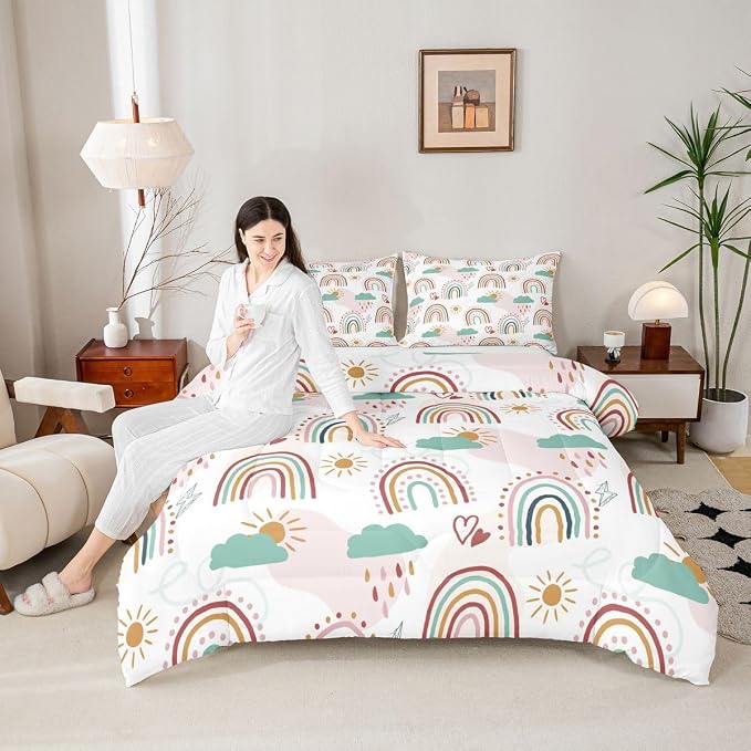 Erosebridal Rainbow Quilt for Kids Girls, Cartoon Sun and Clouds Comforter Set & Pillow Cases, Love Heart Down Comforter Iridescent Stripes Hand Drawn Bedding Set Kawaii Room Decor, King Size - Image 6