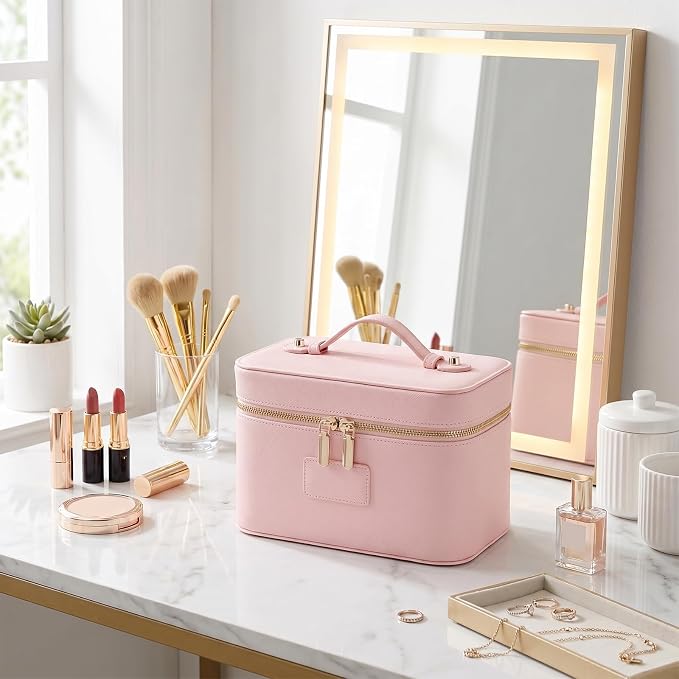 Makeup Case for Women, Leather Makeup Bag Cosmetic Case with Removable Divider, Large Capacity Waterproof Portable Travel Toiletry Make up Organizer Case - Image 6