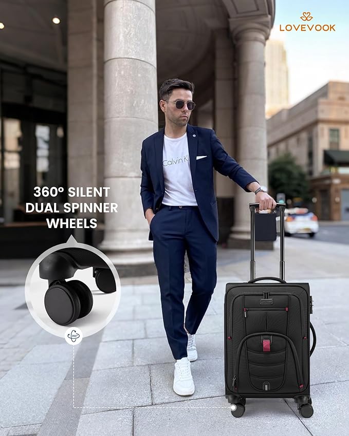 LOVEVOOK Business Softside Checked Luggage with 15.6/17.3 Inch Laptop Compartment, 24 Inch Checked Suitcase with Spinner Wheels, Large Capacity Luggage with TSA Lock for Business Trip Travel, Black - Image 2