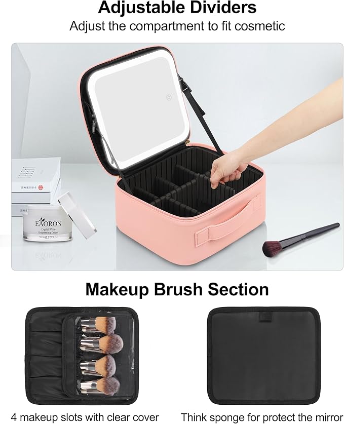 Chomeiu Makeup Bag with LED Mirror, Cute Cosmetic Bags Birthday Gifts for Girls Women, Makeup Train Case Artists Organizer Large Make Up Bags with Light Up Mirror 3 Color Lights, Pink 2 - Image 3