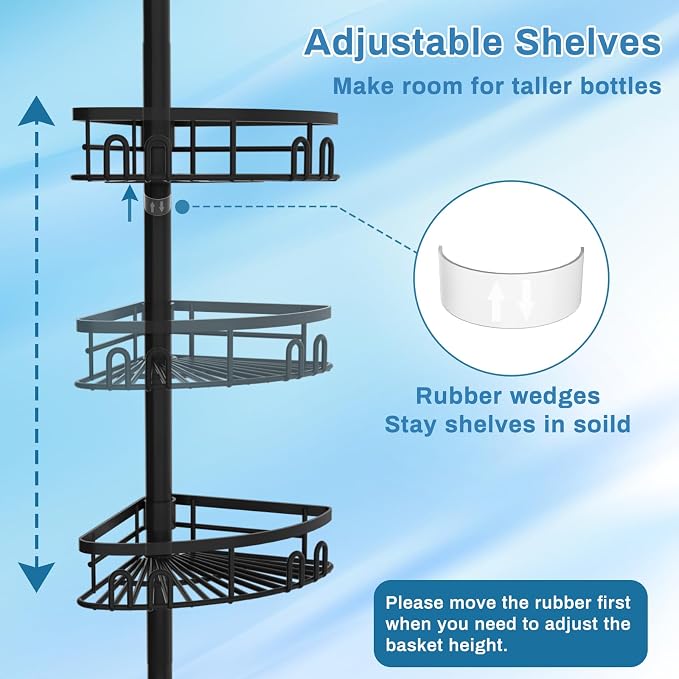 cutefafa Rustproof Corner Shower Caddy Freestanding Tension Pole, 4 Large Baskets for Bathtub Shampoo Storage Organizer Bathroom Height Adjustable Shelves from 23.6 to 114.5 Inch with Towel Bar - Image 5