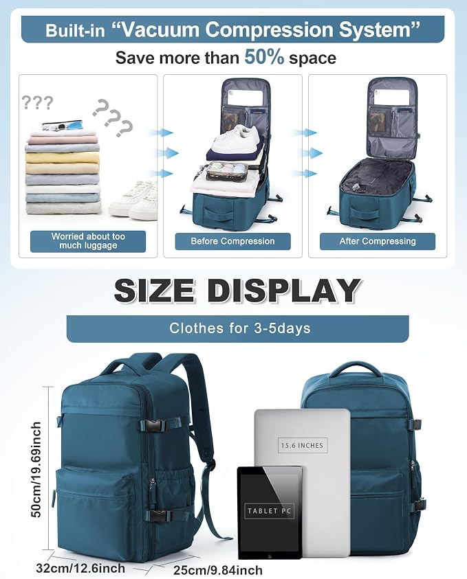 winspansy Vacuum Backpack Travel Essentials with Air Pump Compression Bags for Travel Carry on Flight Approved Seal Vacpack Personal Item Backpack with Vacuum System for Women Men Peacock Blue - Image 2