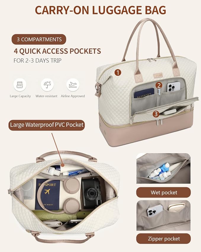 Weekender Bags for Women, Travel Duffle Bag Carry On Overnight Bag with Cosmetics Bag and Crossbody Purse for Gym Hospital, Gifts for Women, Beige Pink - Image 5