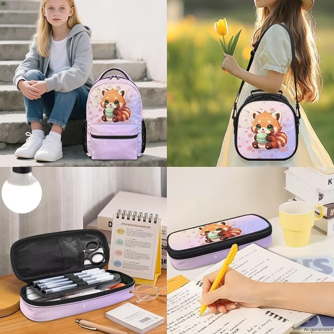 4-Piece Red Panda Girls School Backpack Set Cherry Blossom Bookbag with Insulated Lunch Bag and Pencil Case & Dinosaur Charm, Water Resistant Back to School Supplies - Image 2