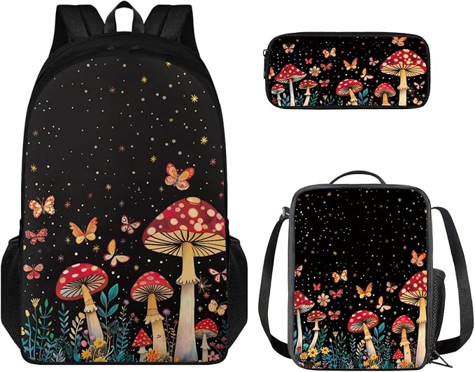 Coloranimal Butterfly Mushroom Backpack Set School Bag with Mini Lunch Bag Pencil Case Set School Backpack for Boys Girls Kids Elementary Middle School Back to School Gifts by Coloranimal