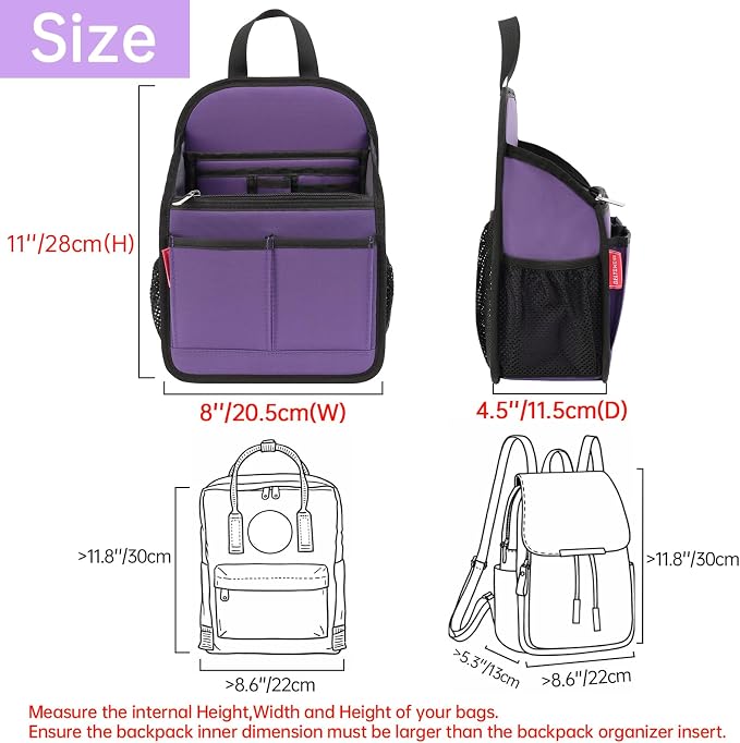 Mini Premium Rugged Backpack Purse Organizer Insert for Women Fashion Small Backpack-19 Pockets,Padded Water-repellent Nylon-Purple - Image 5