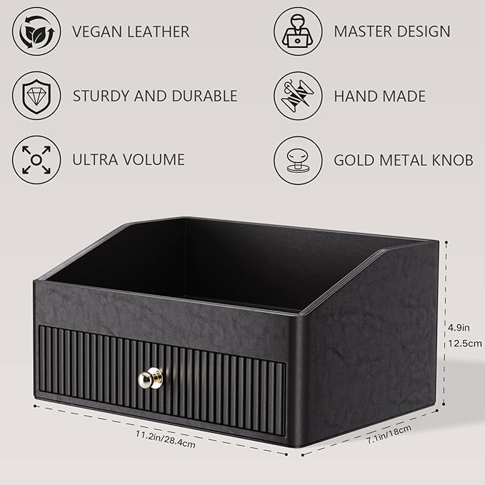LADSTAG Vanity Organizer,Leather Skin Organizers with 1 Drawer&Tray,Large Capacity Black Vanity Organizers and Storage for Lipstick,Bedroom,Bathroom,Mothers Day Gifts,Gift for Women - Image 4