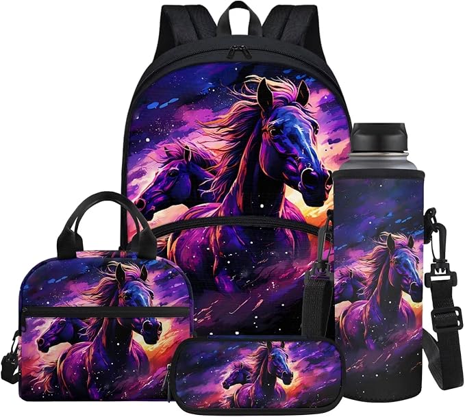 Kids School Bag Purple Galaxy Horse Backpack for Boys with Lunch Box Cooler Water Bottle Sleeve Cover Small Portable Pencil Pen Case Back to School Supplies by Glomenade