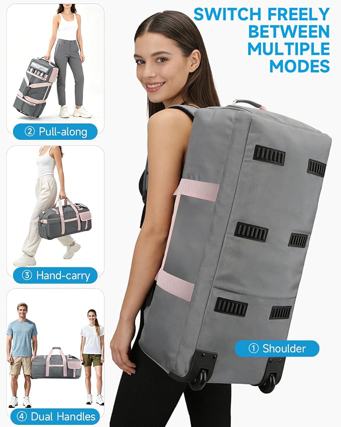 Foldable 90L Rolling Duffel Bag with Wheels, 4-in-1 Carry Water-resistant Travel Duffle with Shoe Compartment&Quick-Access Pockets, Multi-Purpose Bag for Gym, Camping - Image 2