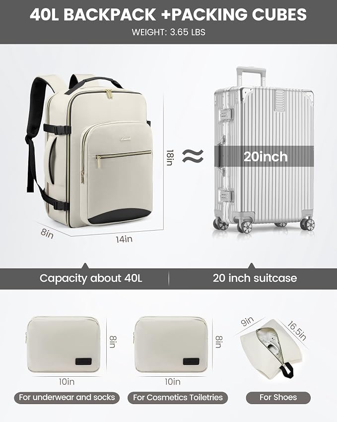 LOVEVOOK Travel Backpack for Women & Men 40L,Airline Approved Carry On Backpack Travel Essentials,TSA Carry on Luggage,Waterproof Personal Item Travel Bag,Suitcase with 3 Packing Cubes,Beige-Black - Image 5