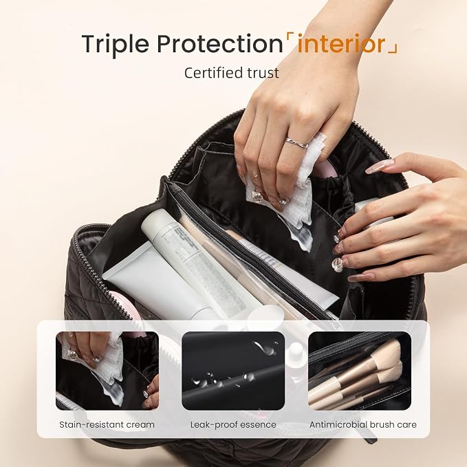 LOVEVOOK Travel Makeup Bag for Women, 2Pcs Puffer Waterproof Cosmetic Organizer, Large Capacity Pouch Open Flat Small Toiletry Bag with Brush Compartment & Handle (Black, Medium) - Image 4