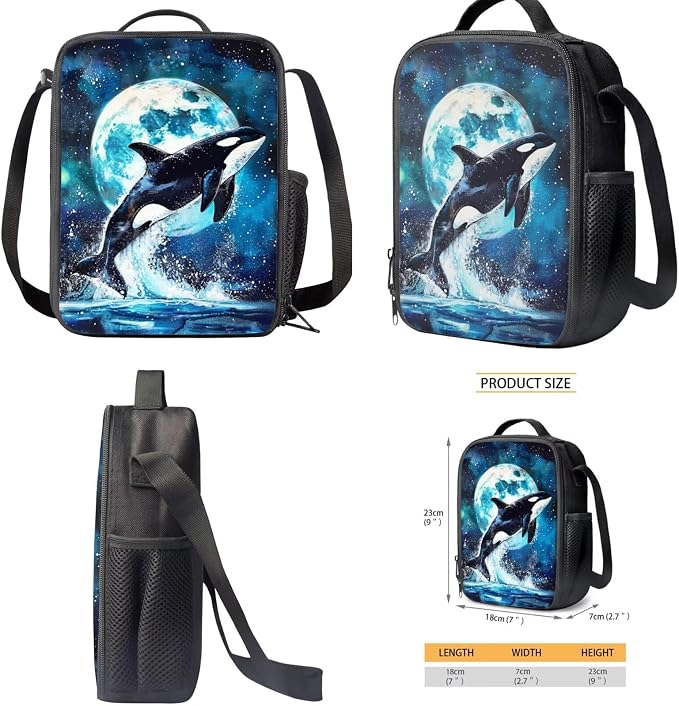 Killer Whale Backpack for School with Lunchbox and Pencil Case Moon Night Kids Bookbag and Lunch Box Set Elementary Schoolbag Lunchbox 3 in 1 Back To School Bag Lunch Bag - Image 5