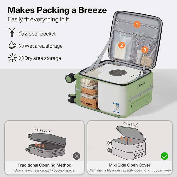 mixi 17x14x9 Carry On Luggage Underseat PC Hard Shell Suitcase Top Opening Aluminum Frame Travel Suitcases with Wheels, Avocado Green - Image 8