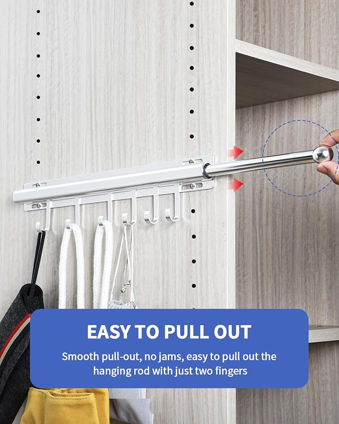 BaiNong Valet Rod for Closets Pull Out 16.5" Silver with 6 Hooks | Closet Valet Rod Slide Out for Closets, Laundry Rooms, RVs Space-Saving - Image 3