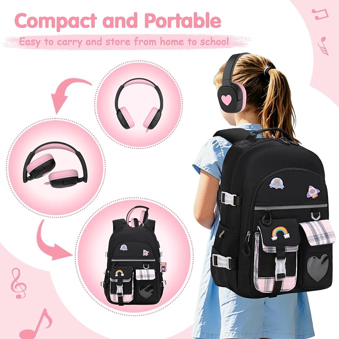 ACESAK Backpack for Girls with Headphones - Girls Backpack with Lunch Box, Pencil Case & Kids Headset - 3.5mm Wired Headphones for School Bookbag Schoolbag Set Back To School Gift (Black) - Image 5