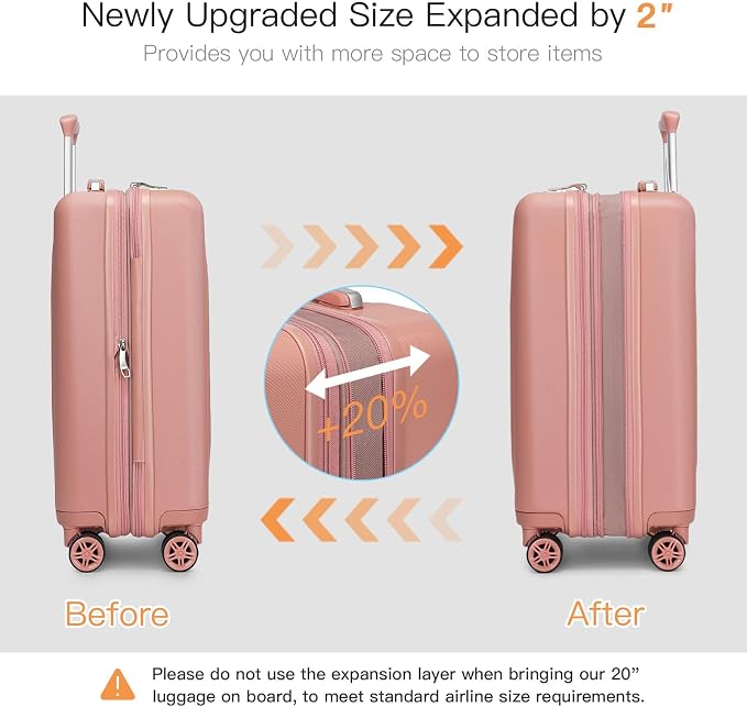 Kono Carry On Luggage 22x14x9 Airline Approved 20 Inch Expandable Suitcase | Lightweight Luggage with Quiet Spinner Wheels & TSA Lock, PC+ABS Hard Shell Suitcase for 1-3 Days Travel, Nude/Rose Gold - Image 5