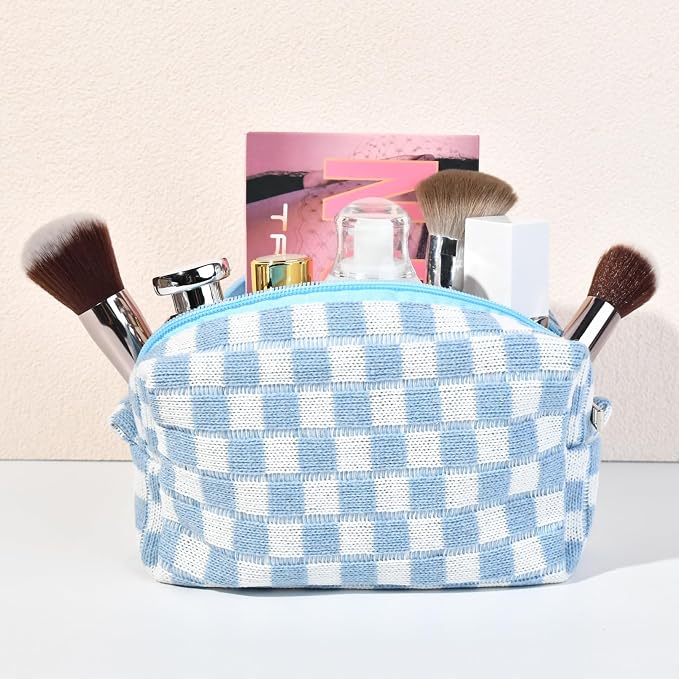 SOIDRAM Checkered Makeup Bag Preppy Cosmetic Bag Bulk Blue Makeup Pouch Personalize Travel Toiletry Bag Organizer Cute DIY Makeup Brushes Storage Bag for Women - Image 7
