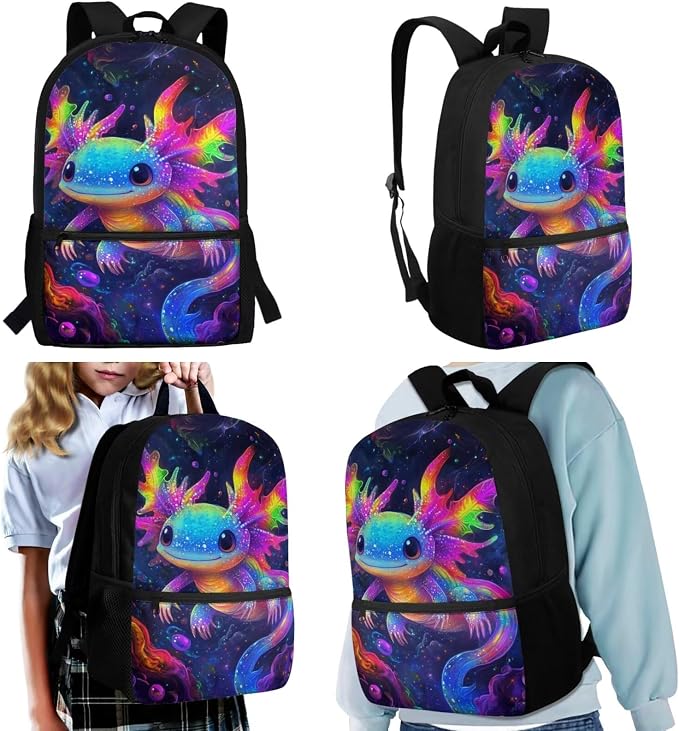 Axolotl Backpack and Lunch Box 17 Inch Elementary School Backpacks with Lunch Box Cute Animal Print Bookbag/Lunch Bag/Pencil Case/Water Bottle Holder, 4 Piece Back to School Bags - Image 2