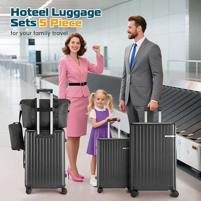 Hoteel Luggage Sets 5 Piece (4-YEARS WARRANTY), ABS+PC Suitcases with Wheels and Side Hook, Hardshell 20/24/28 inch Luggage with Duffel Bag Travel Bag, Black - Image 2