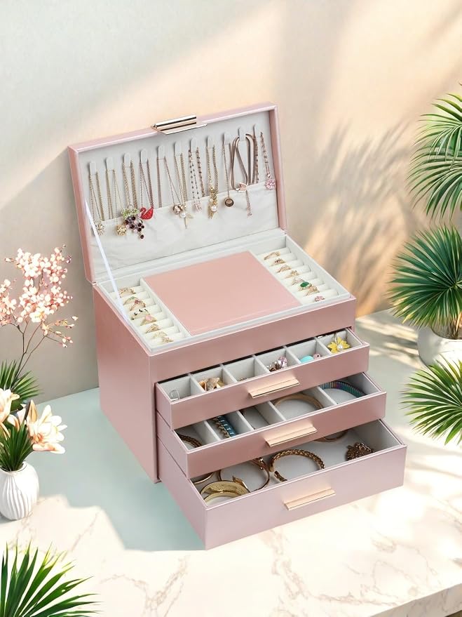 BOOVO Jewelry Boxes for Women, White and Black 6 Layer Large Jewelry Box for Necklace, Bracelet, Earrings, Rings Storage, Jewelry holder Organizer for Girls Gift (Rose Gold, 5 Layer) - Image 6