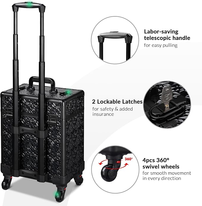 BYOOTIQUE Rolling Makeup Case Cosmetology case on wheels Makeup Artist Nail | Aluminum Rolling Makeup Suitcase with 360° Detachable Wheel Lockable 44Lb Large Capacity Organizer Nail Tech Mermaid Black - Image 4