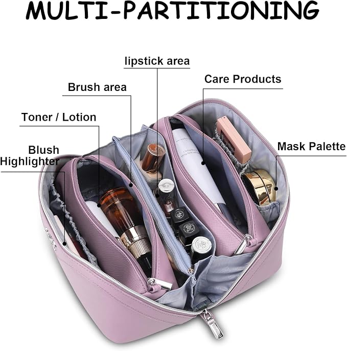 BOYATU Travel Makeup Bag Organizer Cosmetic Bag: 3 Pcs Set Make up Bags for Women with Handle - Waterproof Vegan Leather Toiletry Bags Travel Essentials Pouch with Compartments (C-06-Purple) - Image 3