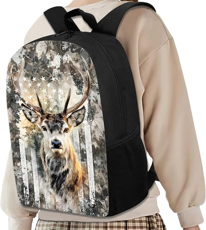 GIFTPUZZ Deer American Flag Backpack 17 Inch Set Boys | Camo 4-in-1 Lunch Box Set, Water Bottle Holder, 3rd Grade Elementary School, Ages 8-10 - Image 3