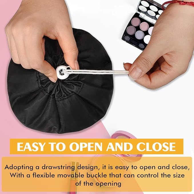 INVODA Drawstring Makeup Bag for Women Cosmetic Bag Large Travel Make up Bags Portable Barrel Toiletry Bag Toiletries Pouch Travel Cosmetic Organizer (Black) - Image 6