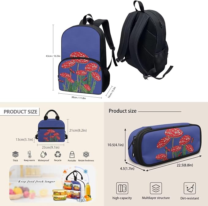 Blue Mushroom Backpack with Lunch Box and Pencil Case Girls Comfy Padded Cute School Backpack Set of 3 Bookbag for Student Lightweight Large Capacity Daypack - Image 4
