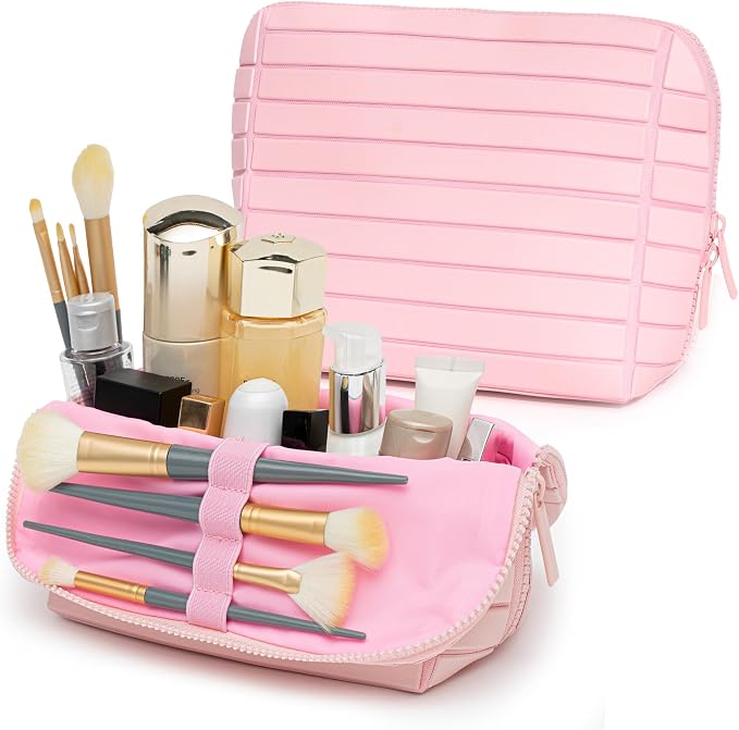 Minoisome Travel Makeup Bag,PU leather toiletry bag,make up organizer case for women,Large Capacity Cosmetic Bag,Wide-open Pouch Purse，Toiletries Accessories，Fold-Down Design and Adjustable Dividers. by Unknown