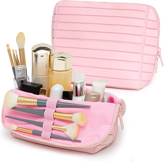 Minoisome Travel Makeup Bag,PU leather toiletry bag,make up organizer case for women,Large Capacity Cosmetic Bag,Wide-open Pouch Purse，Toiletries Accessories，Fold-Down Design and Adjustable Dividers. by Unknown