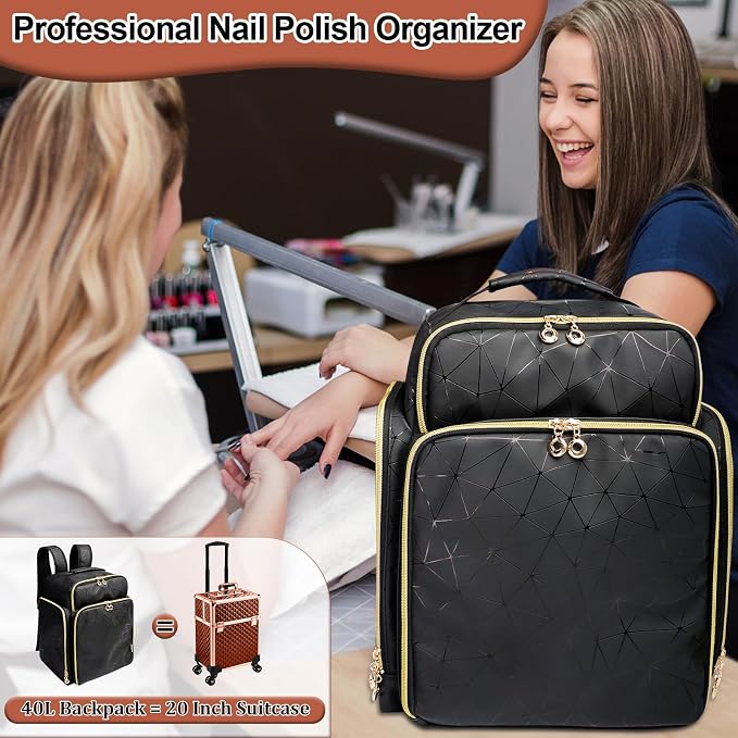 Nail Polish Organizer Backpack Holds 126 Bottles& Nail Lamp, Extra Large Nail Kit Supplies Organizer Bag with 3 Removable Cases, Portable Nail Organizers and Storage for Trave (Elegant Black) - Image 8