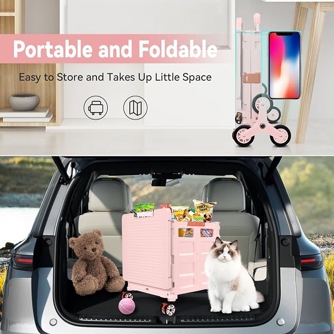 Foldable Utility Cart Portable Crate Rolling Dolly with Telescopic Handle,Can be Pulled diagonally, Magnetic Retractable Lid, 360°Swivel Climbing Wheels for Shopping Carrying Groceries Move Pink - Image 7