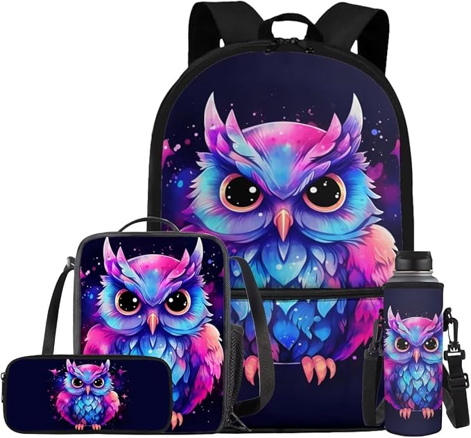 Purple Owl Backpack and Lunch Bag Set for Girls Large Capacity Kids Bookbag with Pencil Case Adjustable Lightweight School Bag for Kindergarten, Elementary & Middle School by Bivxisrvo