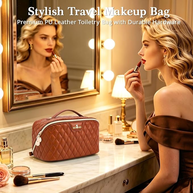 Travel Makeup Bags Cosmetic Organizer: 3Pcs Set Puffy Make up Bag for Women | Brown Premium Quilted ELEGANCE Design | Large Capacity Leather Toiletry Bags | Wide Open Compact Case for Travel Essentials - Image 3