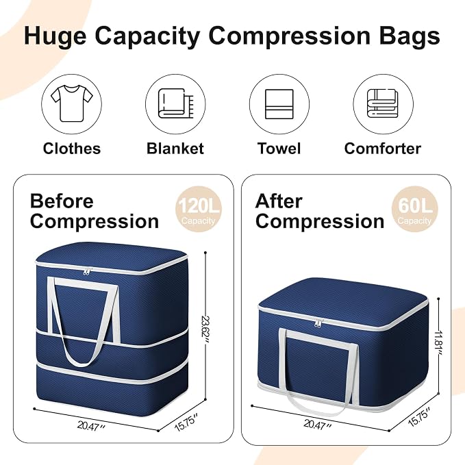 Comforter Storage Bag - 120L Bedding Storage Bags for Moving Closet, Washable Blanket Storage Bag, Ultra Space Saving Self Compression Organizer, 4-Pack, Navy Blue - Image 2