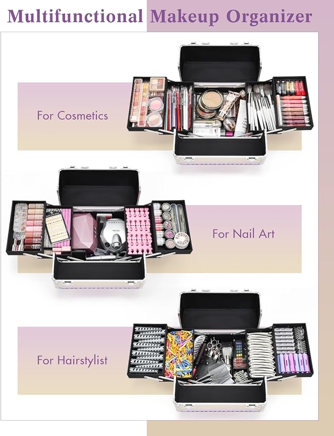 Yueieoun Makeup Case on Wheels, Rolling Train Case, 4-in-1 Makeup Trolley, Cosmetic Cases Makeup Travel Cart with Key for MUA, Hairstylists, Nail Tech, Gradient Purpple - Image 4