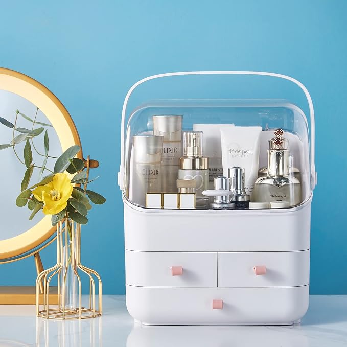 SUNFICON Makeup Organizer Cosmetic Organizer Makeup Storage Holder Box Crystal Clear Lid w Handheld 3 Drawers Dustproof Waterproof for Vanity Bathroom Countertop Birthday - Image 9