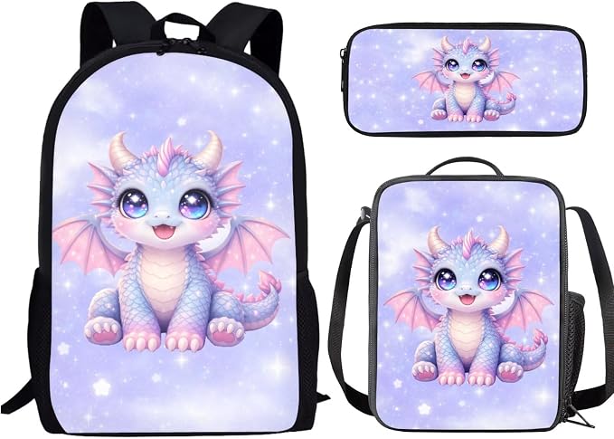 Forchrinse Cartoon Dragon Backpack for Girls 6-8 10-12 Cute Bookbag Set with Lunch Box Pencil Case Kids 17 Inch School Bag for Elementary Kindergarten Preschool by Forchrinse