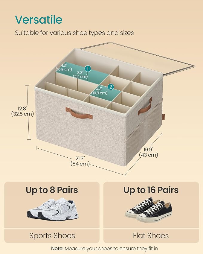 SONGMICS Shoe Organizer for Closet, Shoe Storage Bin, Fits 16 Pairs, Fabric Container with Handles and Clear Cover, Adjustable Dividers, Customizable, Cappuccino Beige ULSP555K01 - Image 6