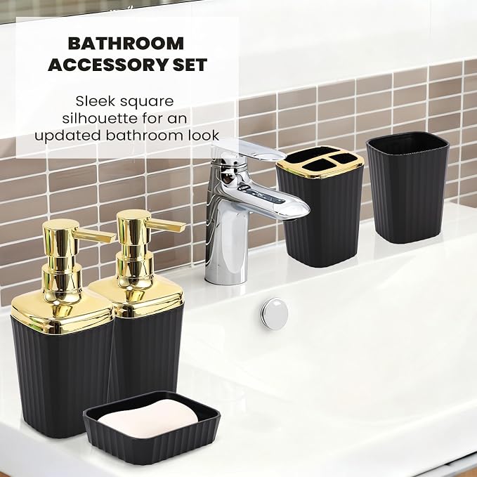 XLHOMO Black and Gold Bathroom Accessories Set - 9 Piece Complete Organization Kit with Slim Pop-up Trash Can, Toilet Brush, Lotion Dispensers, Jars & Soap Dish - Modern Matte Stripe Bathroom Decor - Image 5