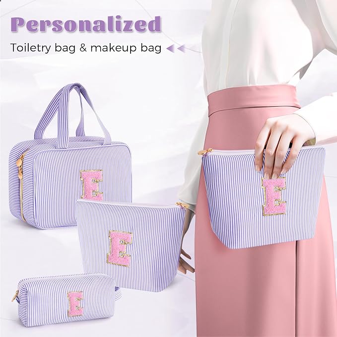 Gifts for Teen Girls Women - Travel Hanging Toiletry Bag & Makeup Bag - Personalized Initial Cosmetic Bag | Birthday Gift for Girl Trendy Stuff - Lavender E - Image 4