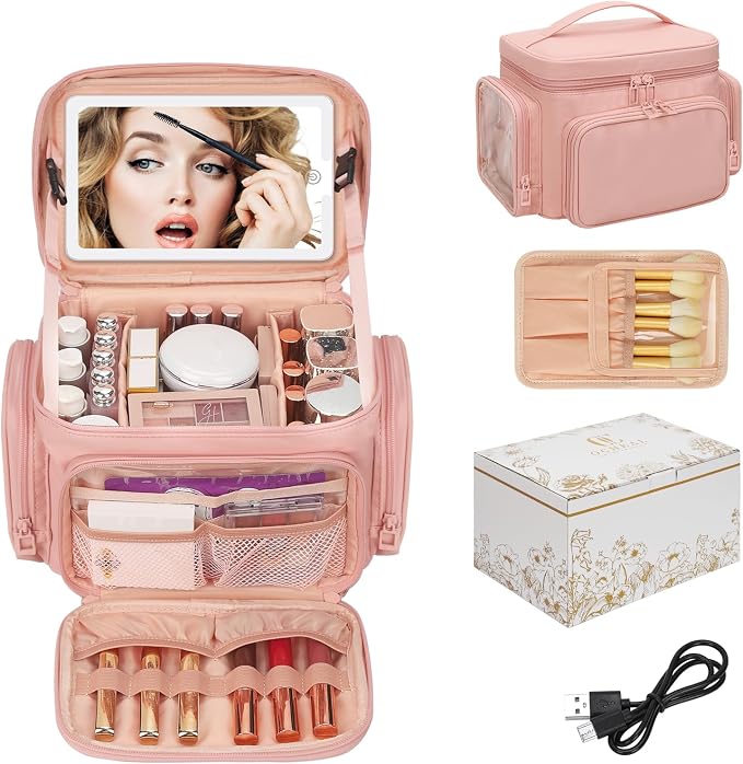 Large Makeup Bag with LED Mirror, Travel Makeup Bag Organizer for Women Girls with Makeup Brush Compartment & Two Side Pockets, 3 Color Lights Cosmetic Toiletry Bag- Leather Pink - Image 9