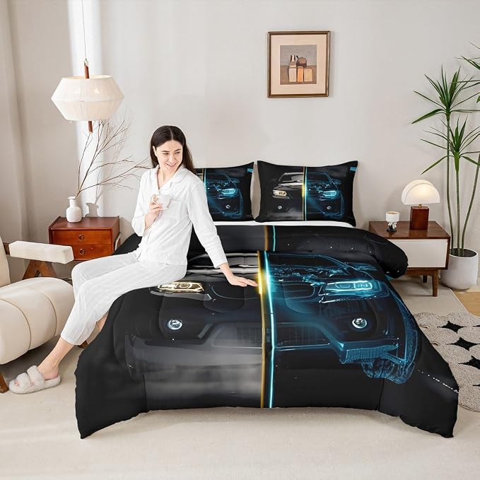 Erosebridal Kids Race Car Comforter Set Queen Size for Child Girls Boys Speed Sports Car Bedding Set, Teens Youth Extreme Sport Bedding Comforters Automobile Duvet Sets Bedroom Decor, Blue Black - Image 3