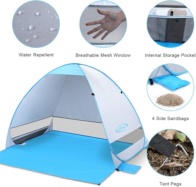 G4Free Large Pop up Beach Tent UPF50+ Automatic Sun Shelter Canopy Portable | Large Outdoor Cabana for 3-4 Person, UV Protection Sun Umbrella, Instant pop-up Design, made of 190T Silver Coated fabric - Image 5