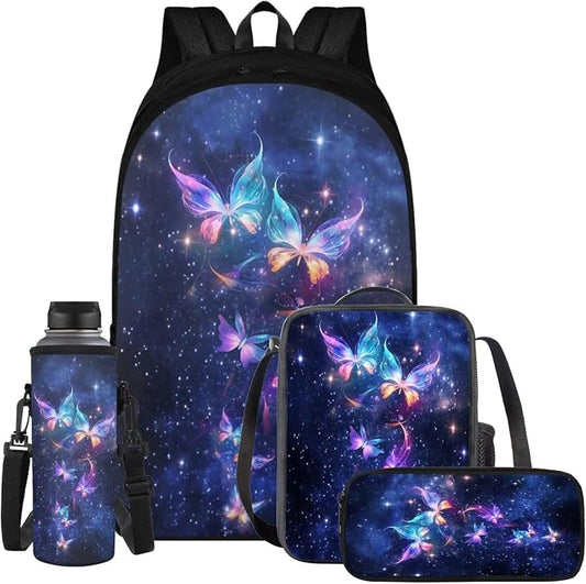 Galaxy Butterfly Backpack for Girls Kids Backpack with Lunch Box Water Bottle Carrier with Strap and Aesthetic Pencil Case 4PCS Set Bookbag with Compartments for School Teens 17" School Bag by ELEDIZI