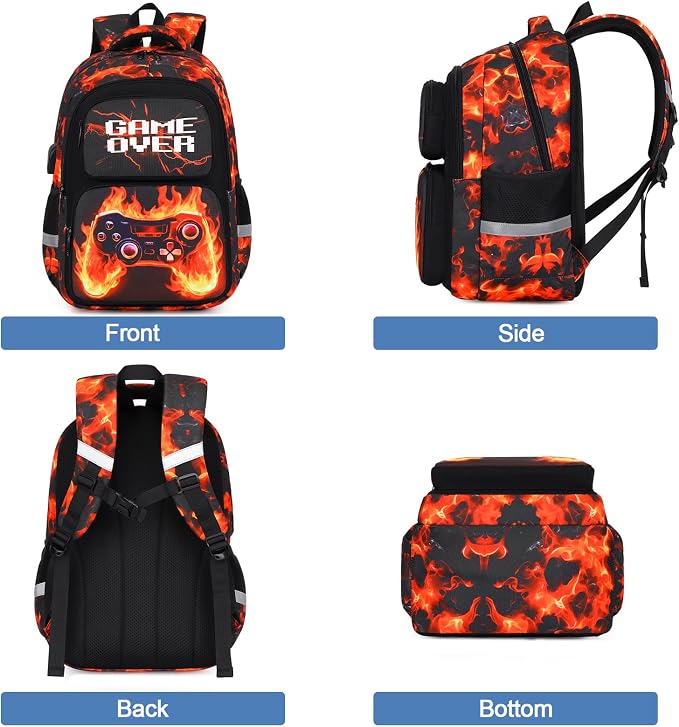 Bevalsa Backpack for Boys, School Bags for Kids, Bookbag for Boys Children Teens Backpacks for Elementary Middle High School Student, Bookbag and Lunch Bag Set with USB Charging Port (Orange Flame) - Image 7
