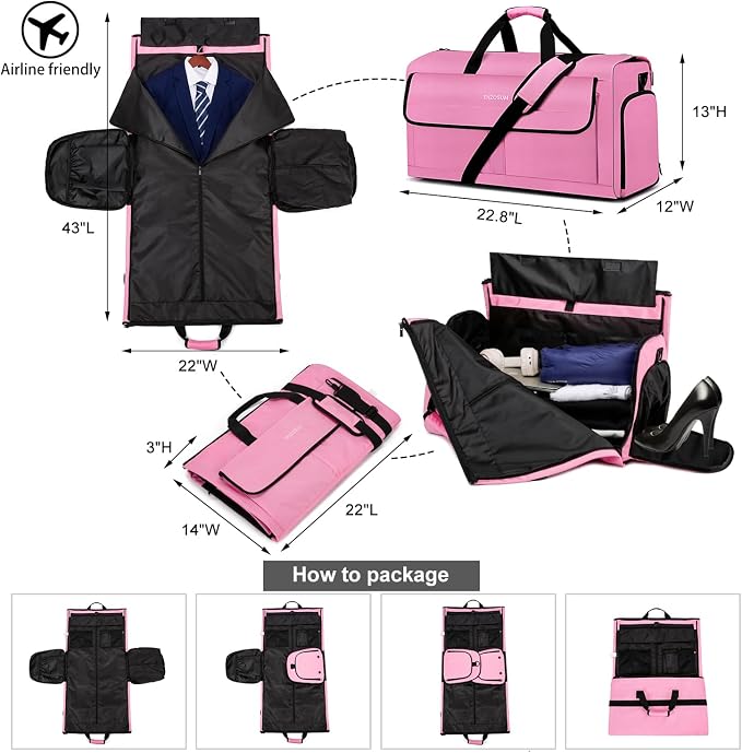 Carry On Garment Bag for Women, Durable Garment Duffle Bag for Travel with Shoes Compartment, Convertible & Foldable 2 in 1 Hanging Dress Weekender Suitcase Suit Travel Bag, Gifts for Women, Pink - Image 2